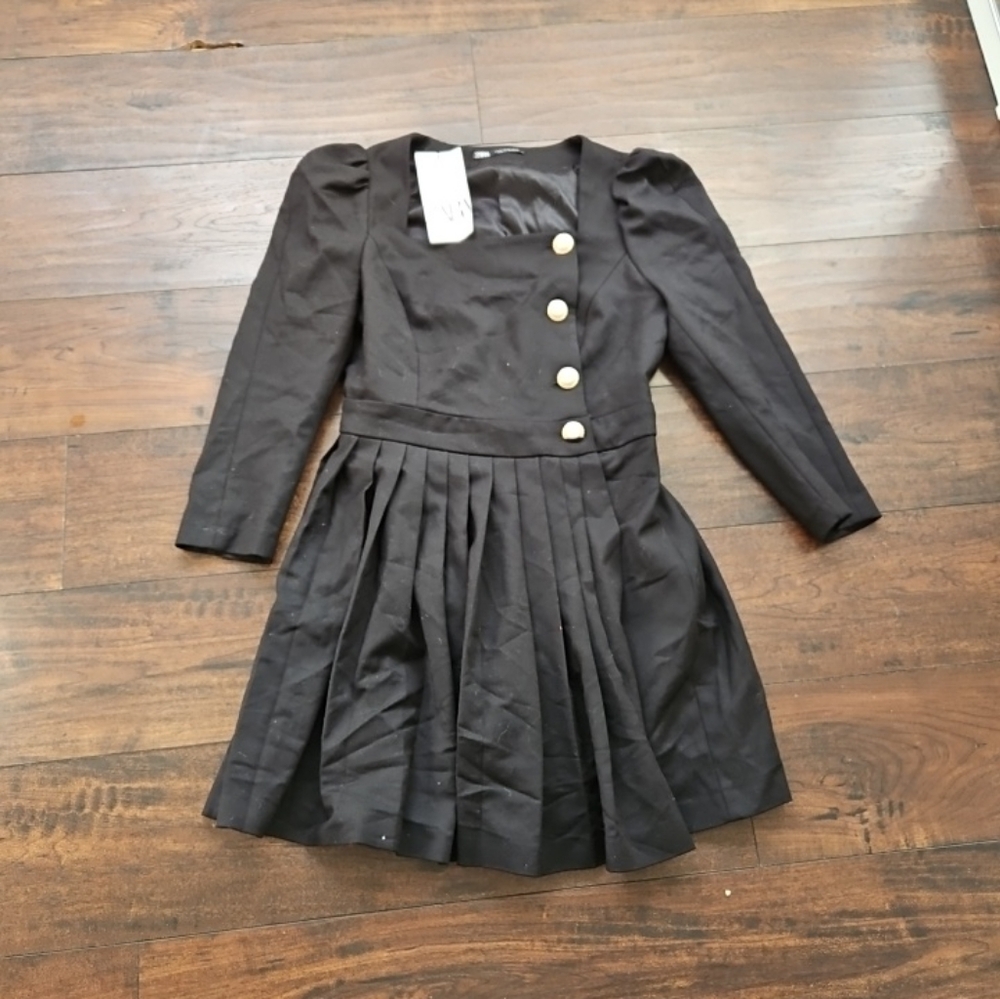 Zara Black Dress with Long Puff Sleeves and Square Neck